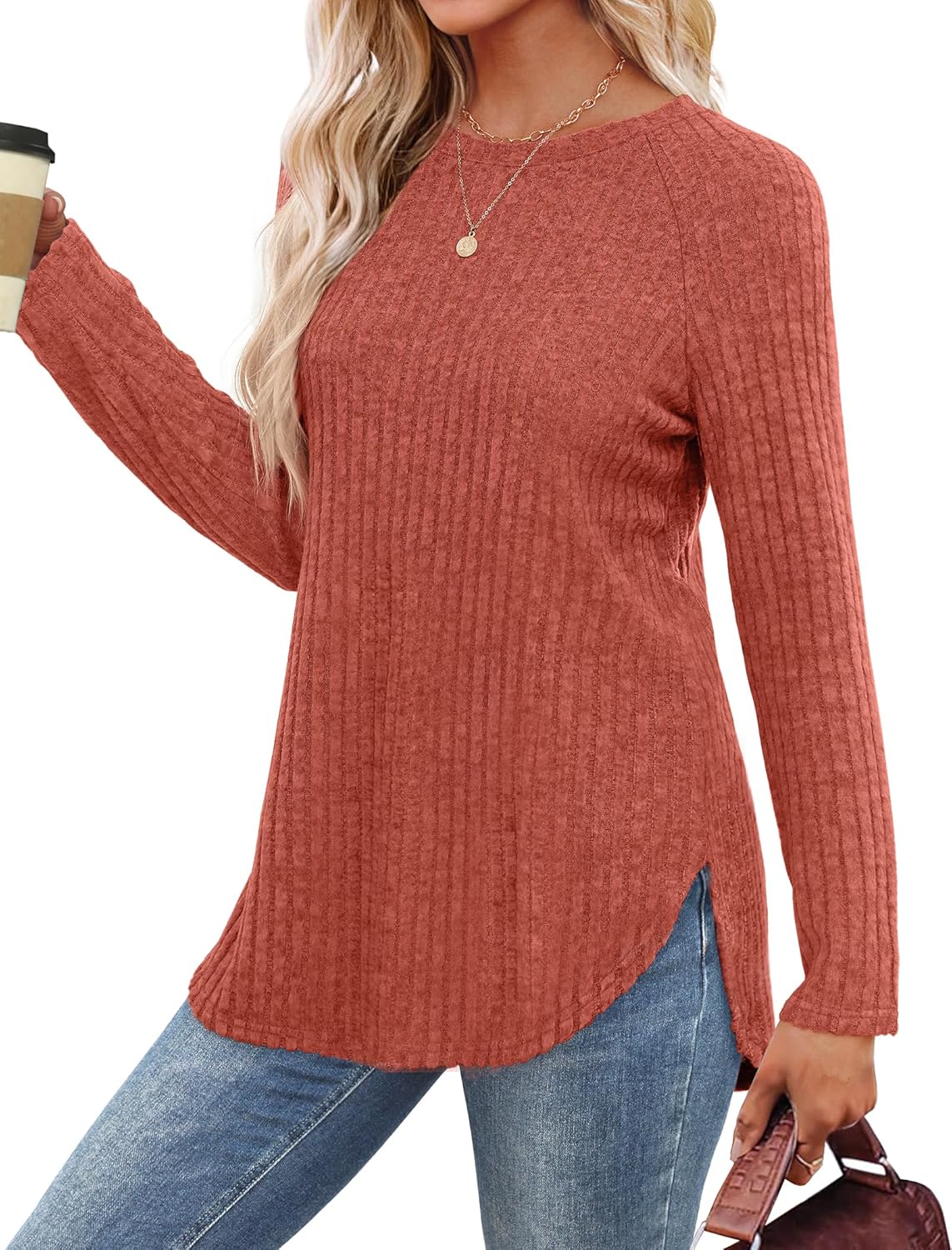 Saloogoe Long Sleeve Shirts for Women 2025 Fall Clothes Tunic Tops Loose Fit Dressy Crewneck Pullover Sweaters Curved Hem