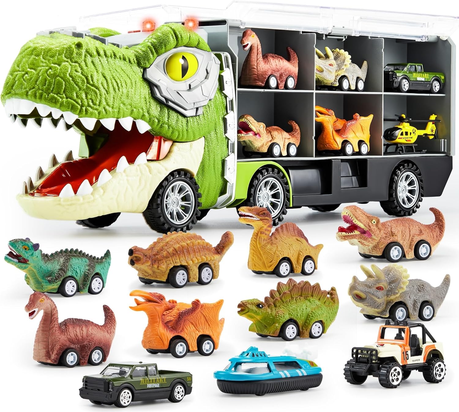 JOYIN 13 in 1 Dinosaur Toys for Kids 3-5, Dinosaur Truck with 12 Pull Back Cars, Birthday Gifts Toys for 3 4 5+ Year Old Boy, Transport Carrier Truck for Toddlers, Christmas Great Gifts for Grandkids