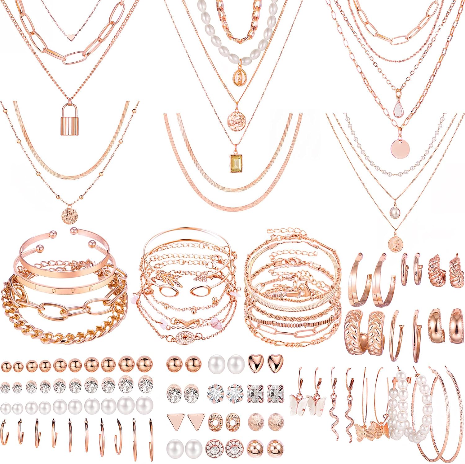 NEWITIN 69 Pieces Gold Jewelry Set for Women Fashion Costume Jewelry Gold Plated Necklace Bracelet Earrings Set for Women