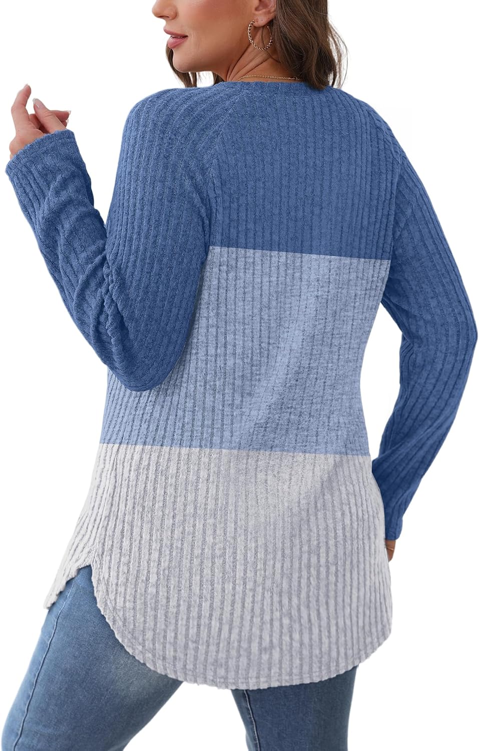 Saloogoe Long Sleeve Shirts for Women 2025 Fall Clothes Tunic Tops Loose Fit Dressy Crewneck Pullover Sweaters Curved Hem