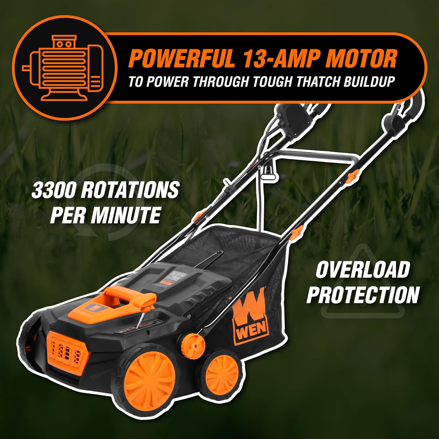 WEN DT1516 16-Inch 15-Amp 2-in-1 Electric Dethatcher and Scarifier with Collection Bag, Black