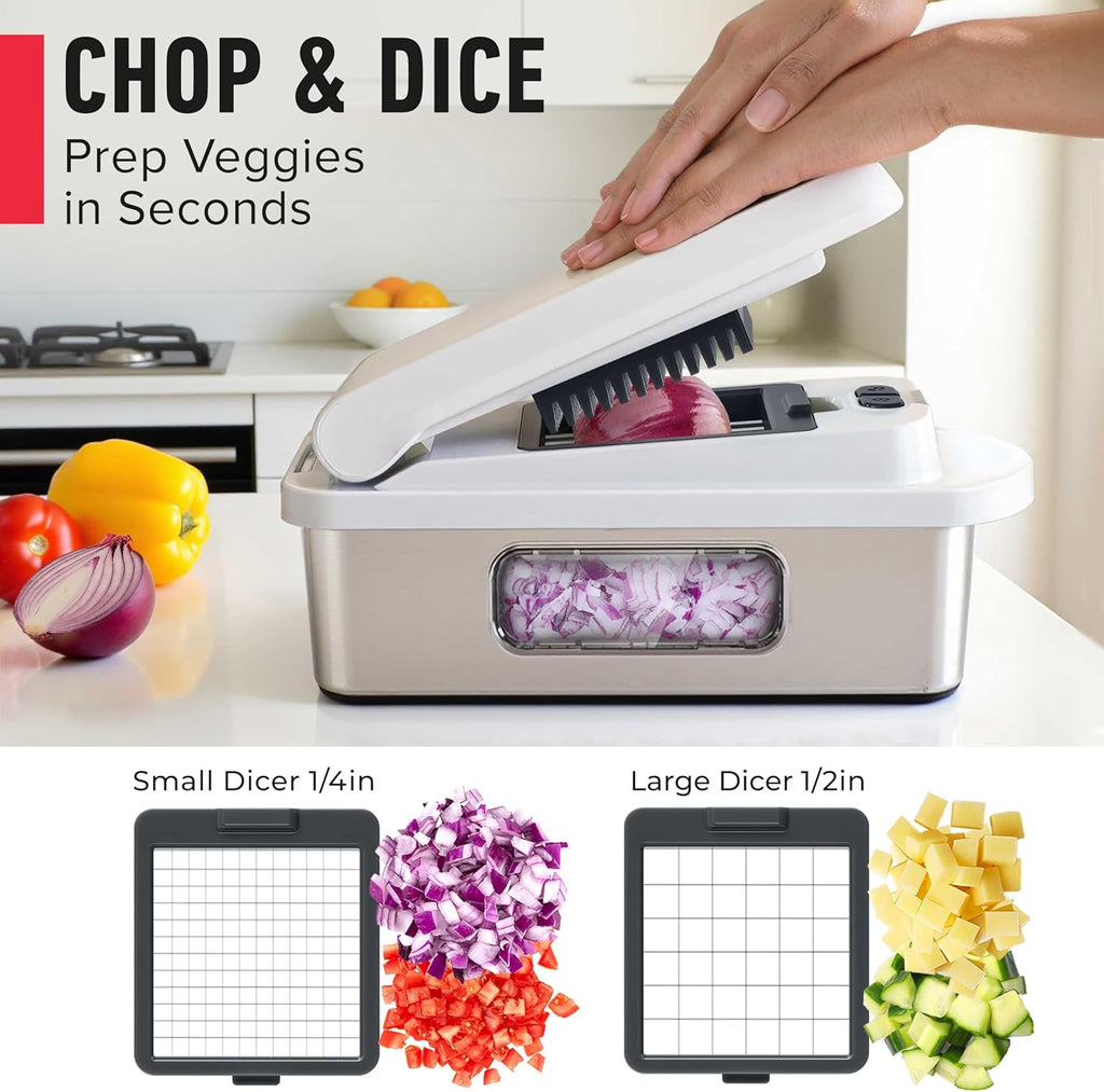 Mueller Pro-Series All-in-One, 12 Blade Mandoline Slicer for Kitchen, Food Chopper, Vegetable Slicer and Spiralizer, Cutter, Dicer, Grater, Kitchen Gadgets Sets with Container, White Sand/Gray