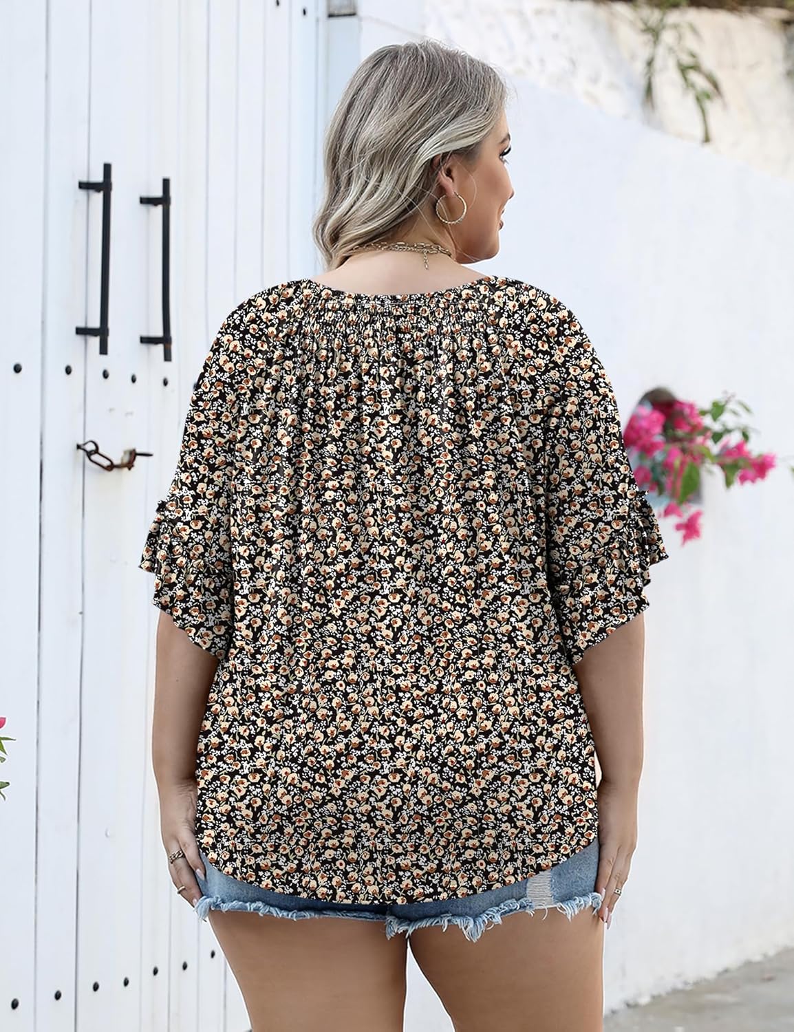 Micoson Womens Plus Size Tops 3/4 Ruffle Sleeve Shirts Crewneck Pleated Blouses Dressy Casual Fashion Tunic Top (1X-5X)