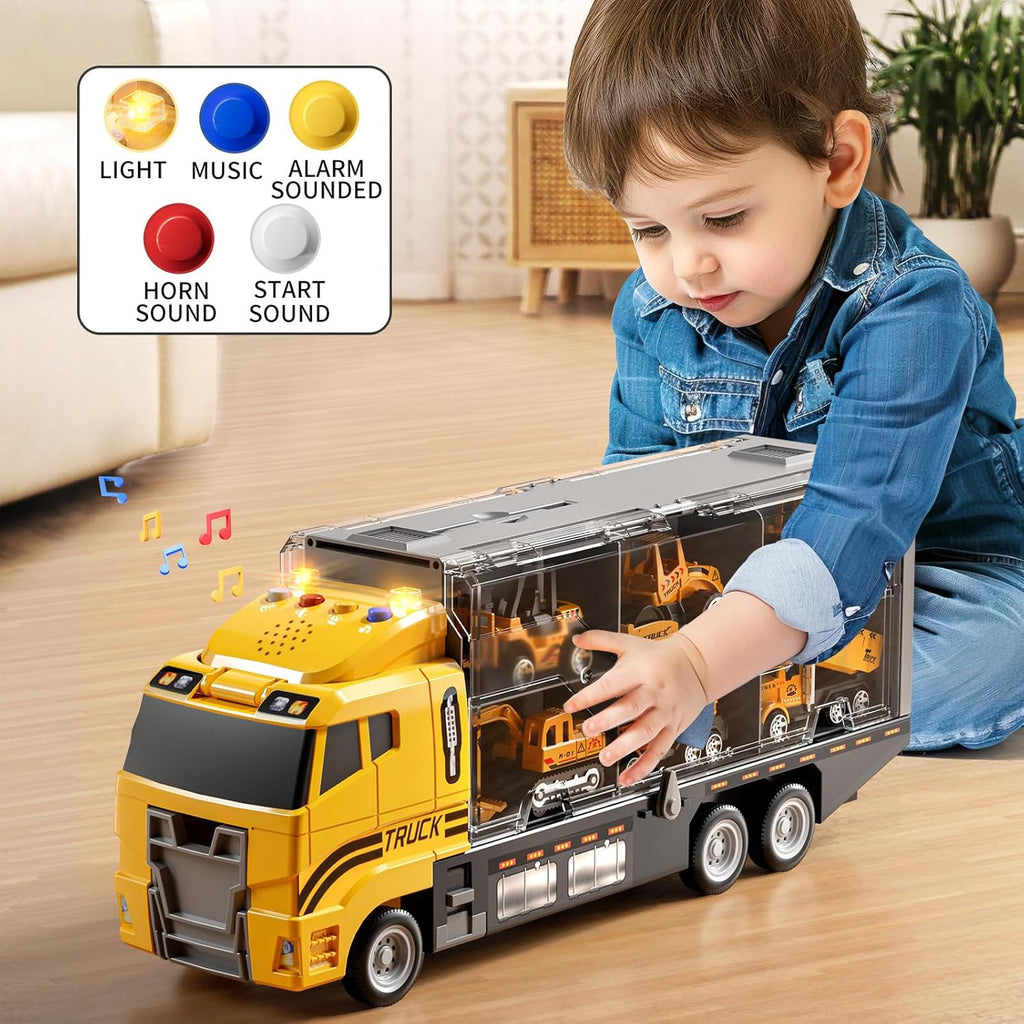 Toddler Boys Construction Truck Vehicle Toy Set with Play Mat and Die-Cast Toy Car, Transport Carrier Truck for Kids 3-5, Birthday Gifts Toys for 3-8 Year Old Boys