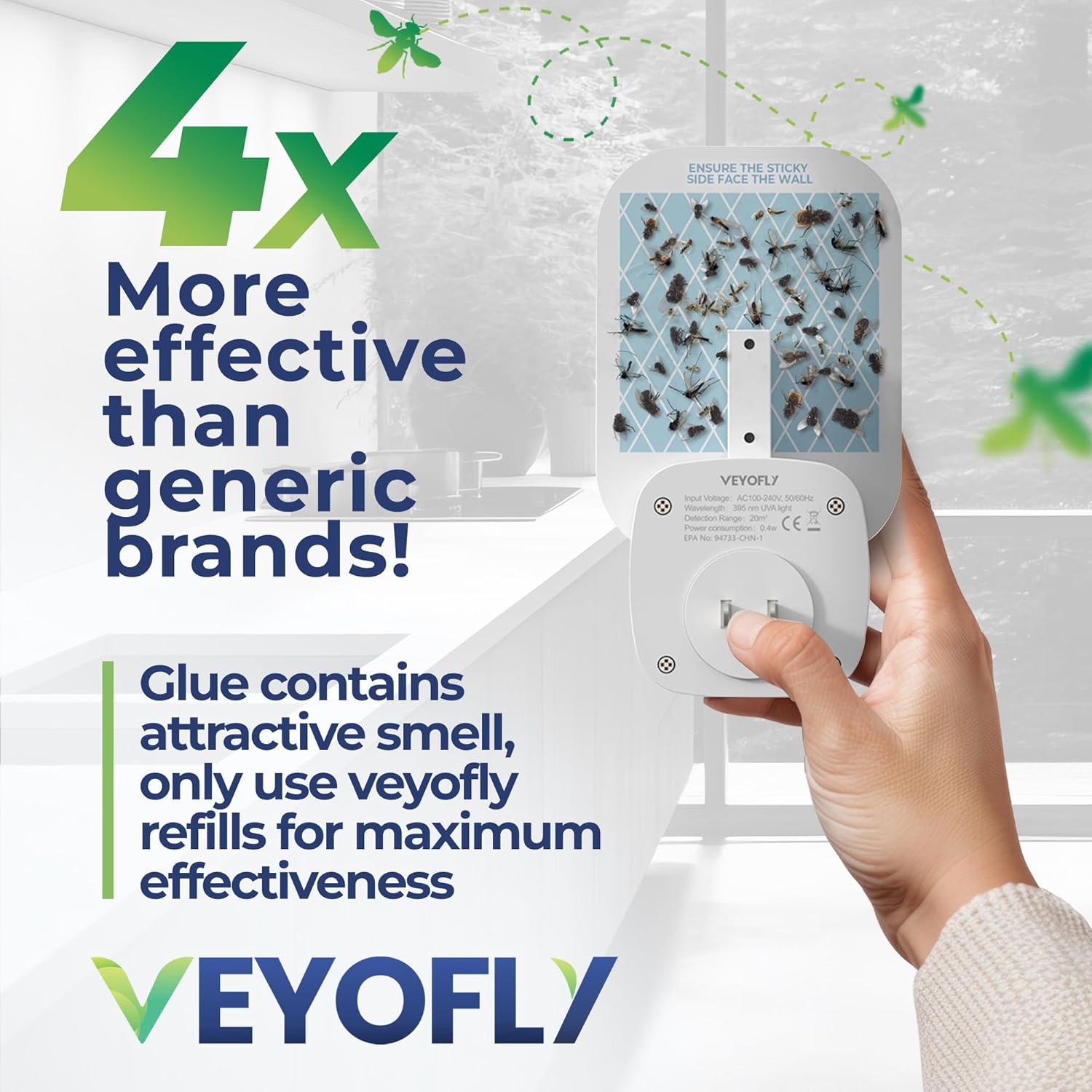 VEYOFLY Fly Catcher Indoor, Fly Trap Indoor, (1 Device + 3 Refills) Fruit Fly Traps for Indoors, Gnat Traps for House Indoor, Bug Killer, Fly Trap, Plug in Light Flying Insect Trap