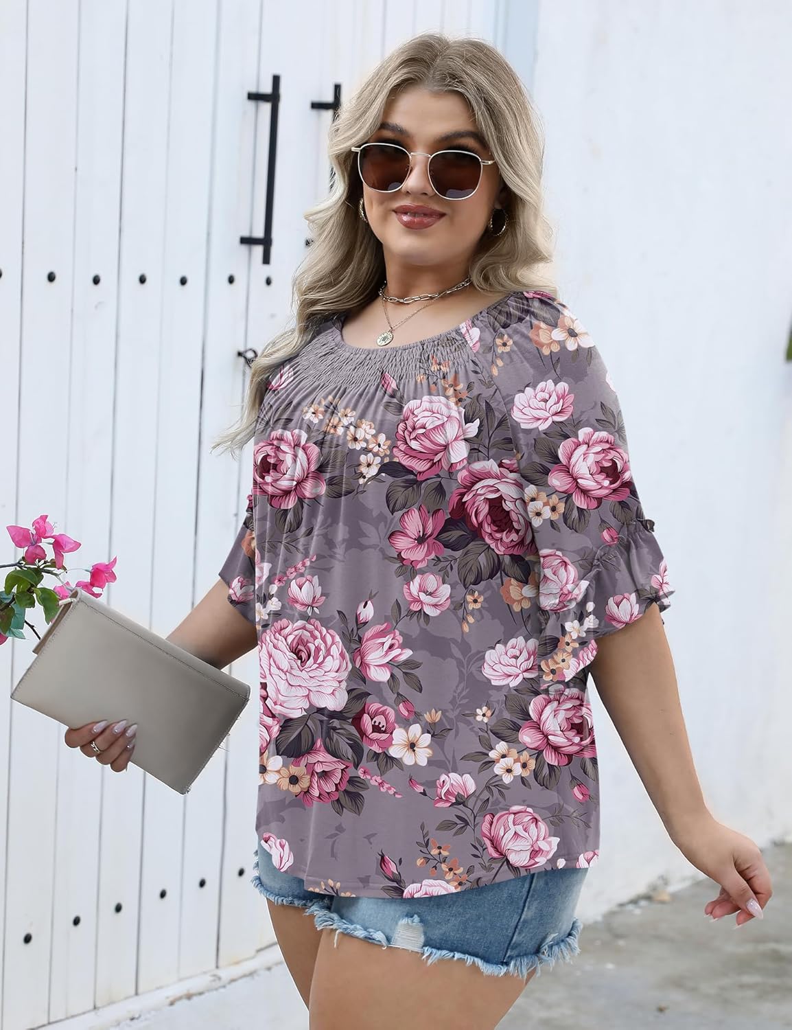 Micoson Womens Plus Size Tops 3/4 Ruffle Sleeve Shirts Crewneck Pleated Blouses Dressy Casual Fashion Tunic Top (1X-5X)