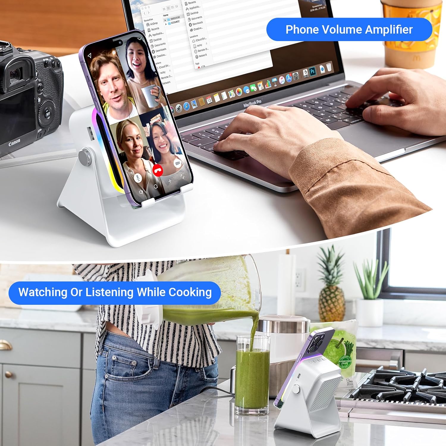 Induction Speaker with Phone Stand 5 in 1 Wireless Induction Bluetooth Audio for iPhone Android Phone Speakers Amplifier with Rechargeable Colorful Light, Birthday Gifts for Men Women Teens (Black)