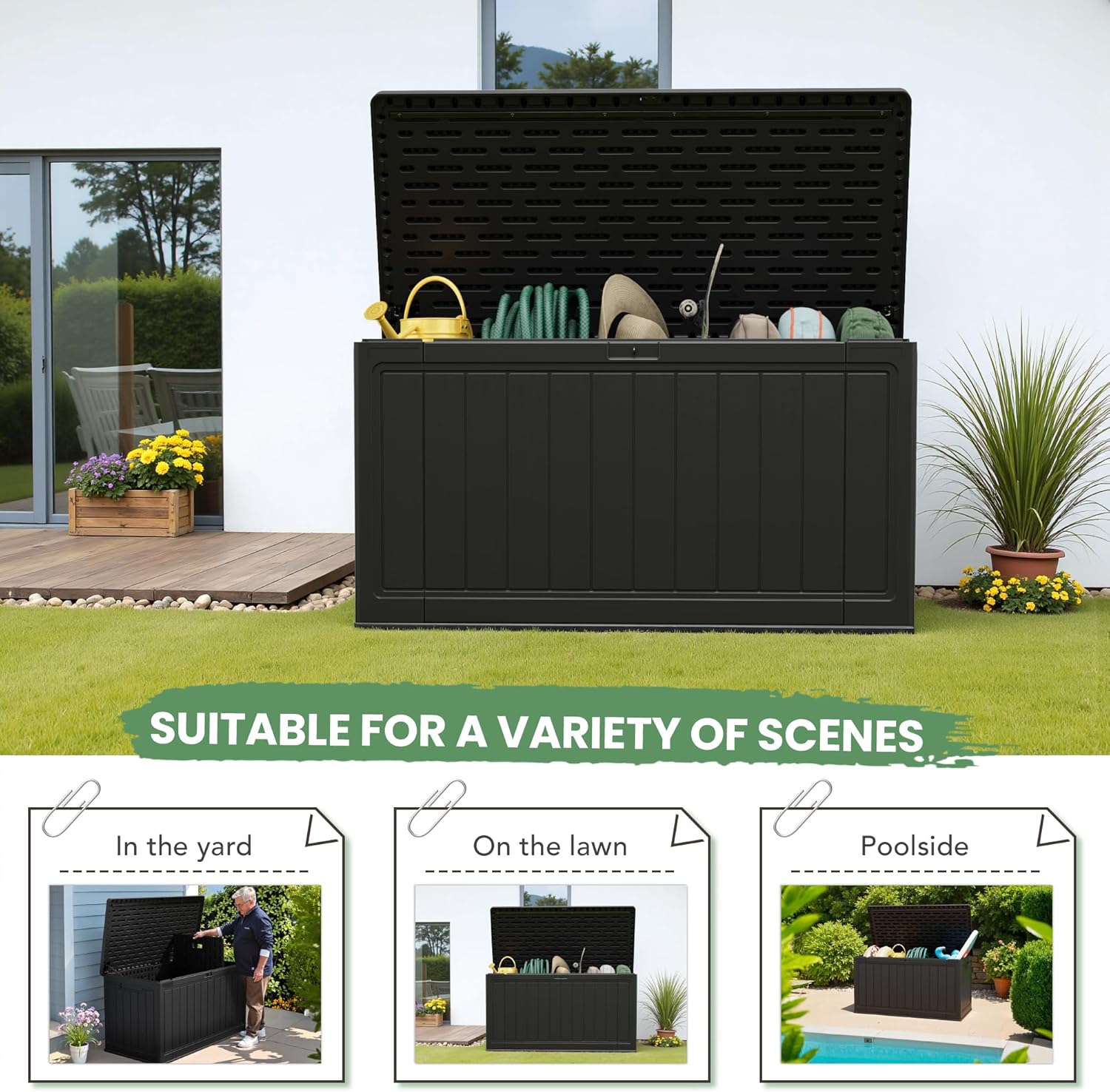 Greesum 31 Gallon Resin Deck Box Large Outdoor Storage for Patio Furniture, Garden Tools, Pool Supplies, Weatherproof and UV Resistant, Lockable, Dark Black