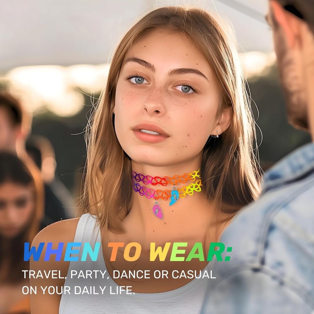 BodyJ4You 2PC Tattoo Choker Necklace - 90s Choker Necklace Women - 2000s Y2K Black Chokers Rainbow Choker - Butterfly Ying Yang Unicorn Rainbow Charms - Stretchy Elastic Necklace