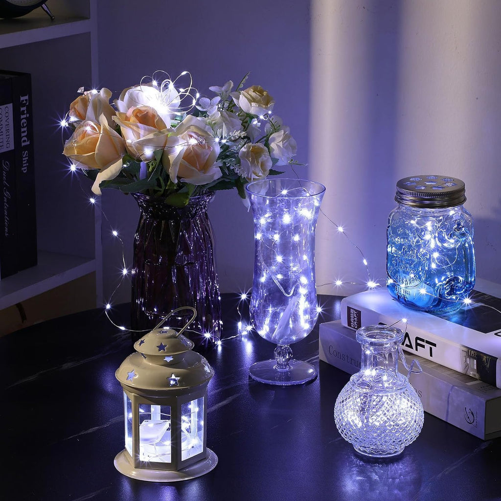 6 Pack Fairy Lights Battery Operated 7ft 20 LED Mini String Lights Twinkle Lights Silver Wire Firefly Starry Moon Lights for Mason Jars Wedding Party Christmas Centerpiece Table Decorations,Warm White