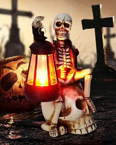 2025 Solar Halloween Decorations Outdoor,Skeleton Figurine Halloween Table Decoration for Outdoor,Skull Statue with Red LED Lantern,Skull Decor for Patio Lawn Yard Balcony Garden Home
