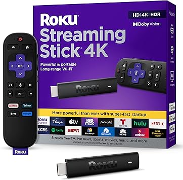 Roku Streaming Stick 4K - HDR & Dolby Vision Roku Streaming Device for TV with Voice Remote & Long-Range Wi-Fi - Free & Live TV