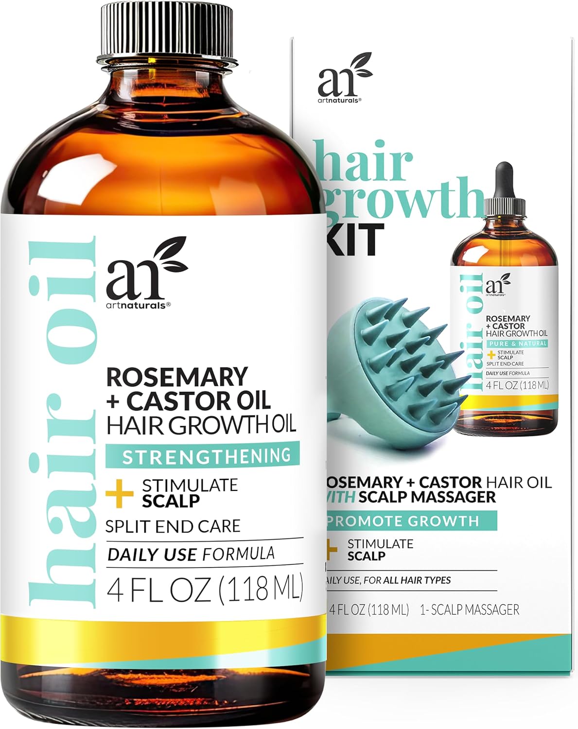 ArtNaturals Organic Rosemary & Castor Hair Growth Oil + Scalp Massager Set – Hair Relaxer for Dry, Itchy Scalp, Thickening & Hydration - Scalp Oil Products For Damaged Hair & Split Ends – 4.0 oz