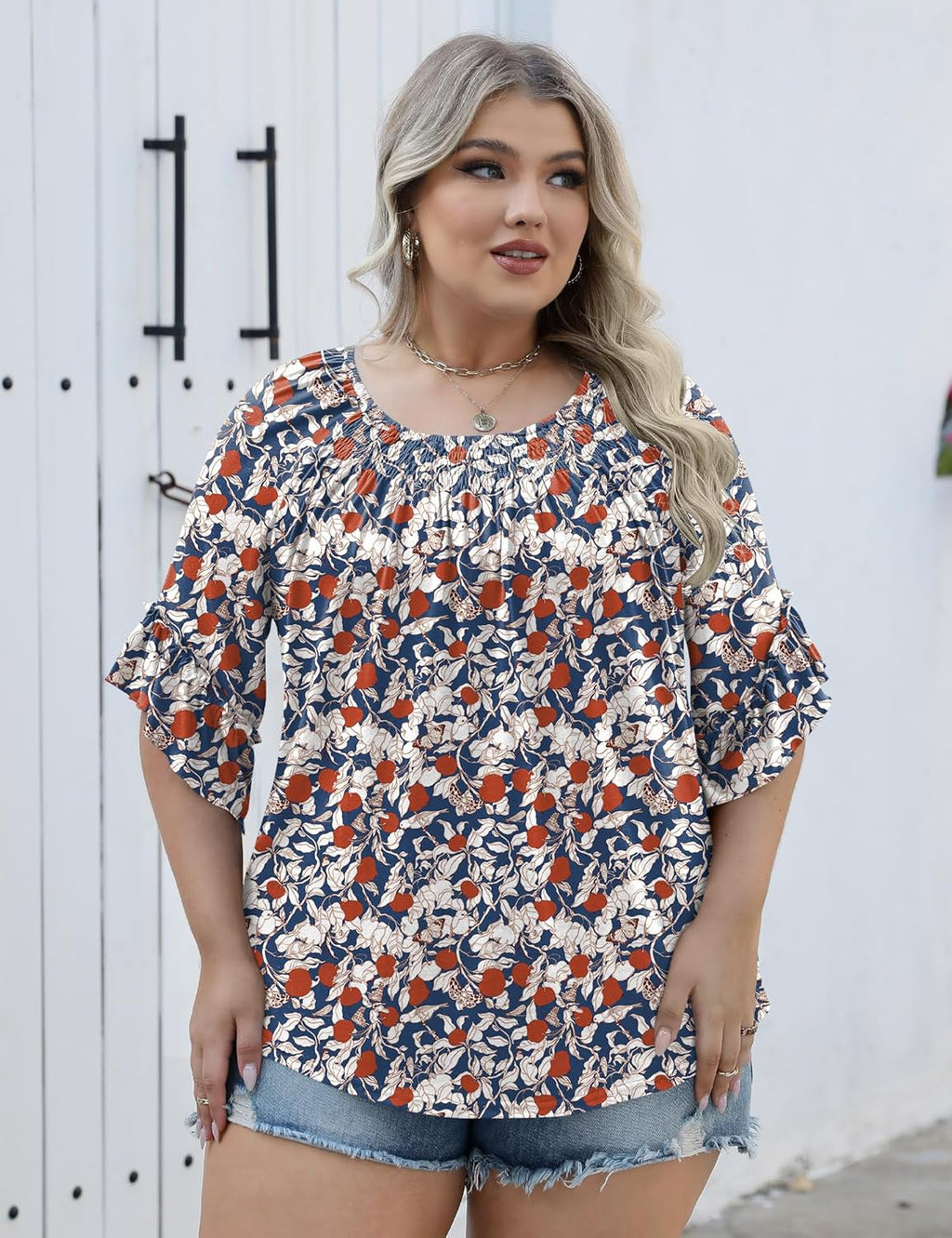 Micoson Womens Plus Size Tops 3/4 Ruffle Sleeve Shirts Crewneck Pleated Blouses Dressy Casual Fashion Tunic Top (1X-5X)