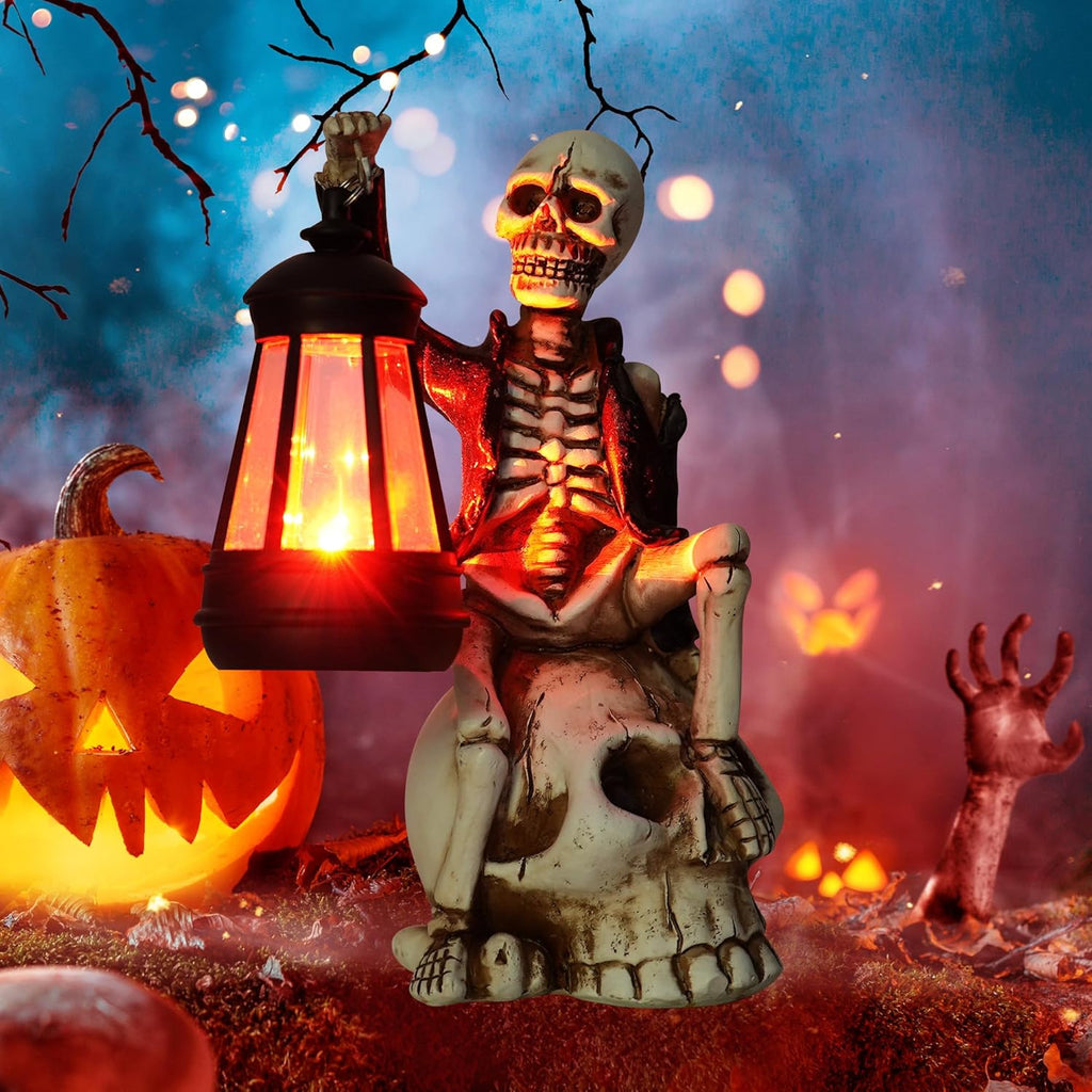 2025 Solar Halloween Decorations Outdoor,Skeleton Figurine Halloween Table Decoration for Outdoor,Skull Statue with Red LED Lantern,Skull Decor for Patio Lawn Yard Balcony Garden Home