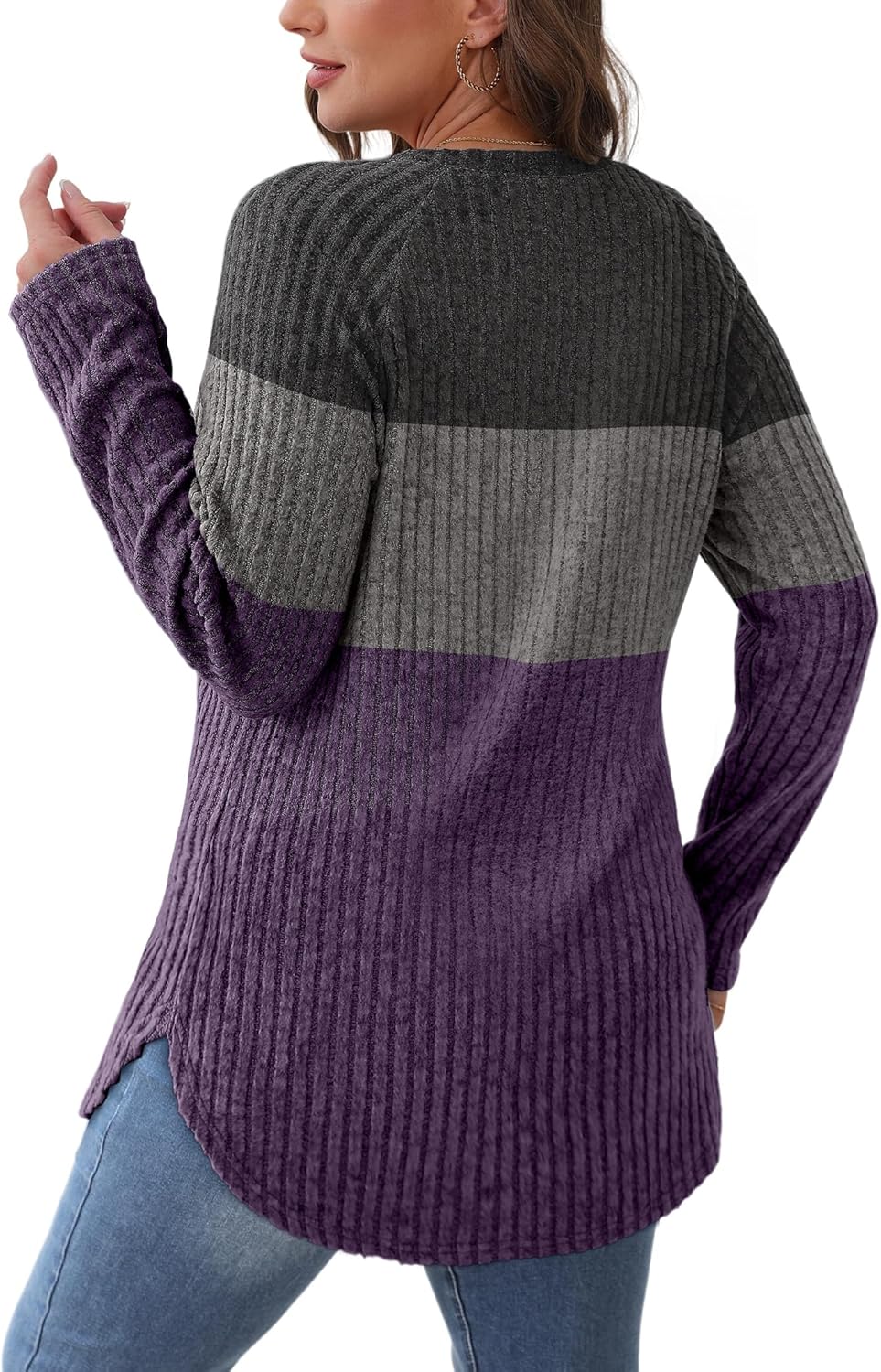 Saloogoe Long Sleeve Shirts for Women 2025 Fall Clothes Tunic Tops Loose Fit Dressy Crewneck Pullover Sweaters Curved Hem