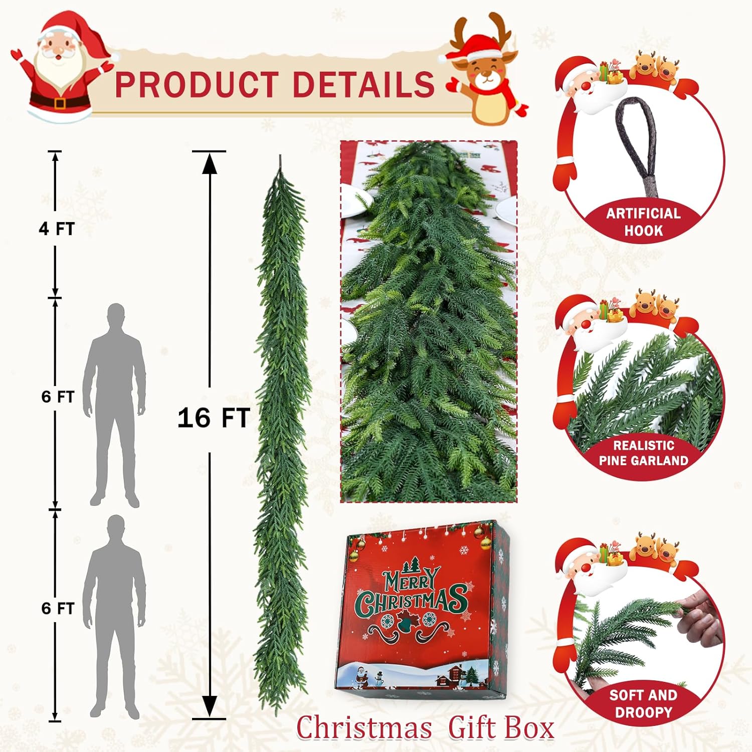 Christmas Cedar Garland for Staircase Real Touch Droopy Bendable Lifelike Faux Xmas Garlands for Decoration Christmas Green Pine Mantle Garland Thanksgiving Table Decorations Outdoor Indoor 5ft