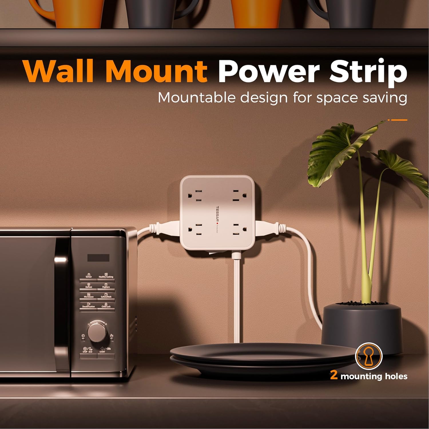 TESSAN Surge Protector Power Strip, 5 Ft Flat Plug Extension Cord with 3 USB (1 USB C) 8 Outlets, 900J Surge Protection, 3 Sided Outlet Extender with Power Switch for Office, Dorm Room Essentials