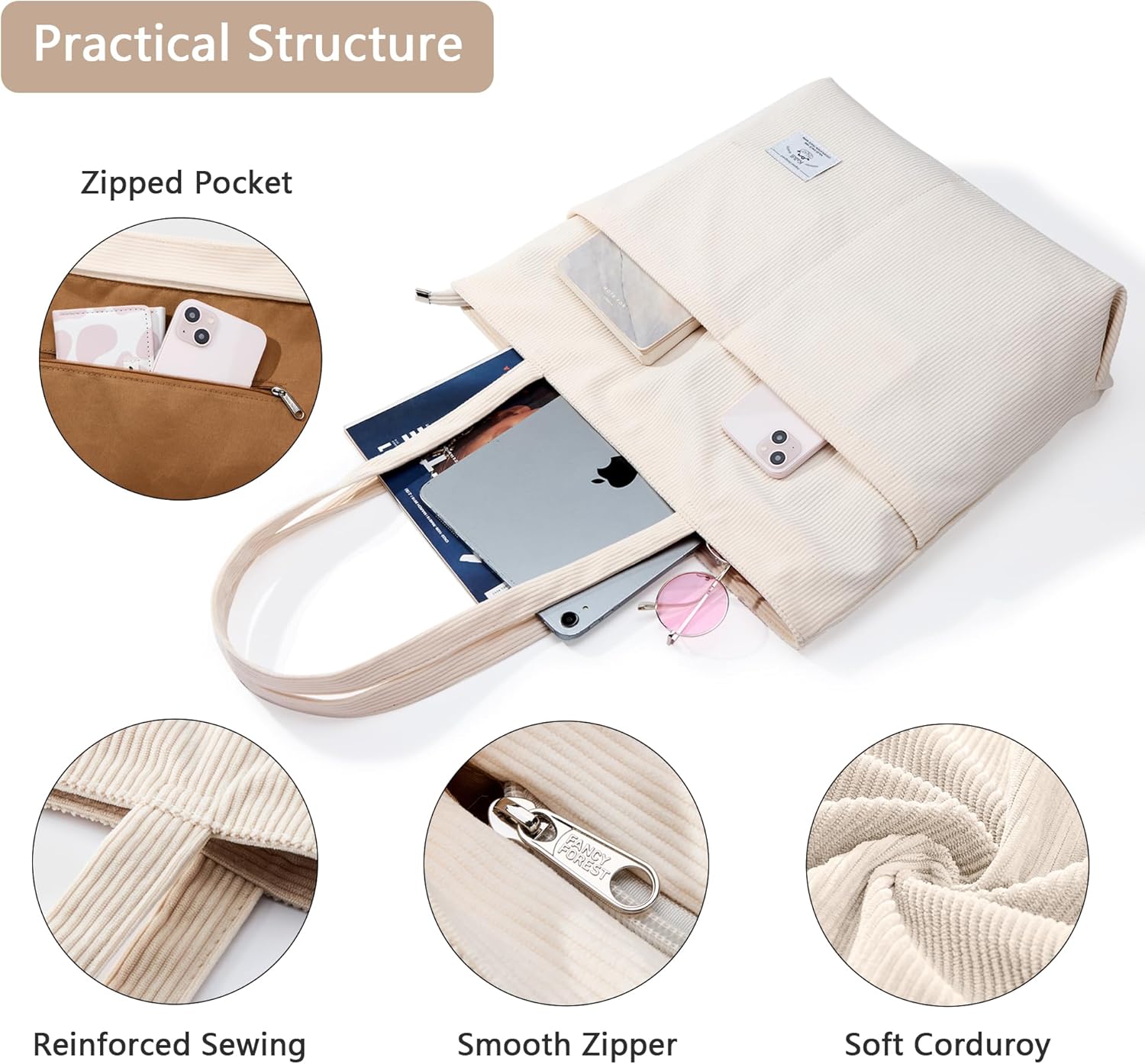 KALIDI Women Corduroy Tote Bag Zipper Casual Tote's Handbag Big Capacity Shoulder Bag with Pockets