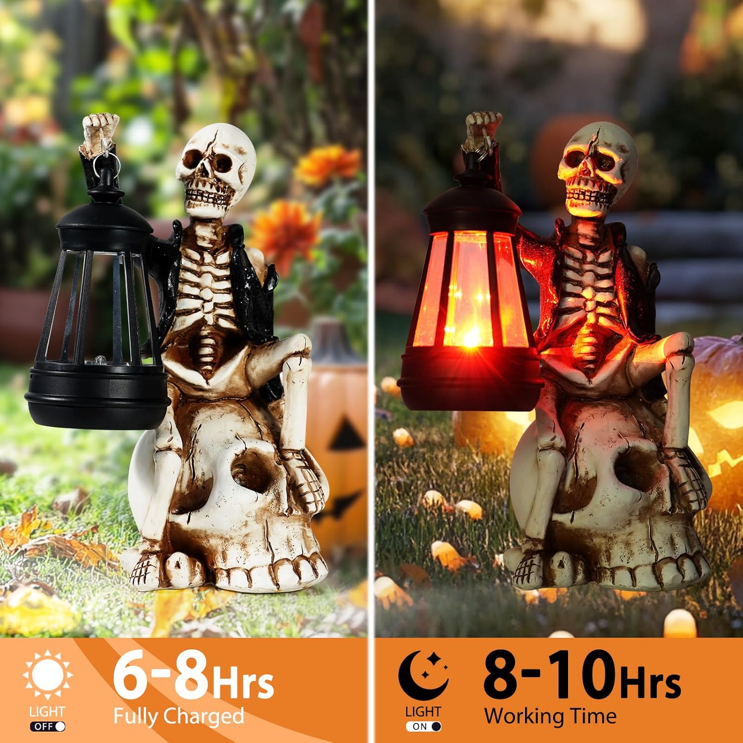 2025 Solar Halloween Decorations Outdoor,Skeleton Figurine Halloween Table Decoration for Outdoor,Skull Statue with Red LED Lantern,Skull Decor for Patio Lawn Yard Balcony Garden Home