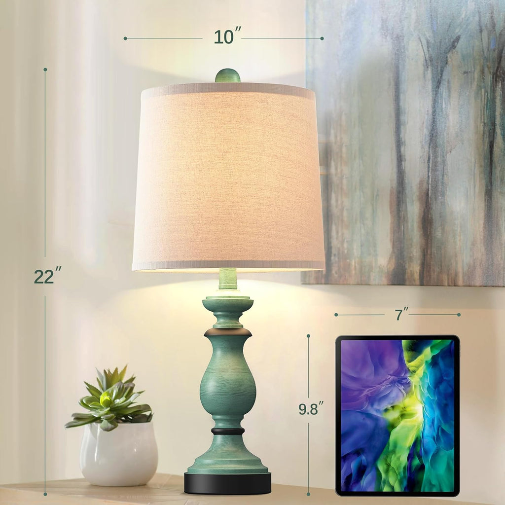 PARTPHONER Traditional Table Lamp Set of 2, Rustic Farmhouse Table Lamps for Living Room Bedroom, 22" Bedside Desk Lamps Vintage Nightstand Lamps with Linen Shades, Antique Grey