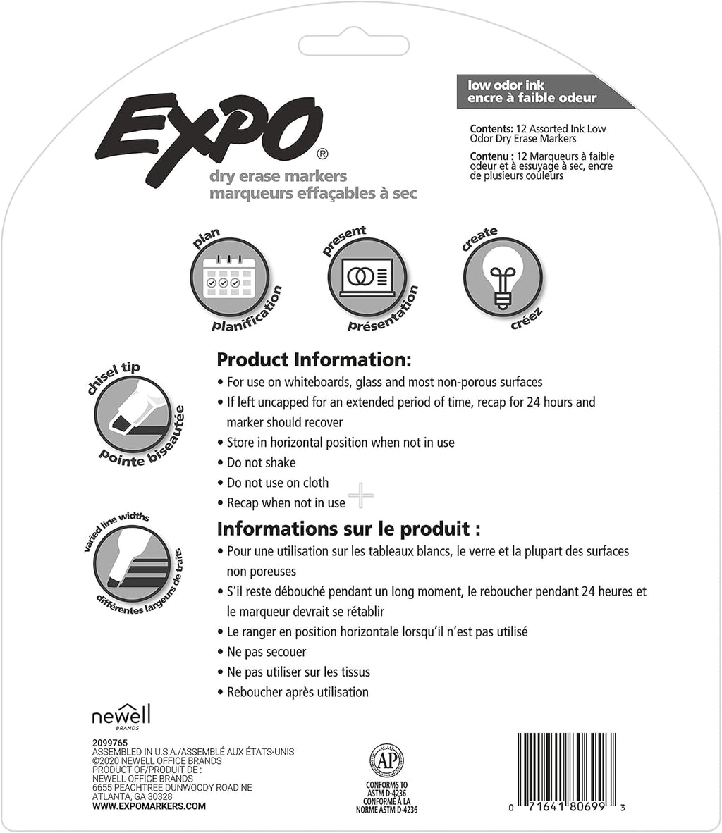 EXPO Dry Erase Markers, Low Odor Ink, Assorted Colors, Chisel Tip, 12 Count - Easily Erases, Vibrant Ink, Ideal for Classroom, Back to School Supplies, Teachers, Office, Whiteboard & Home