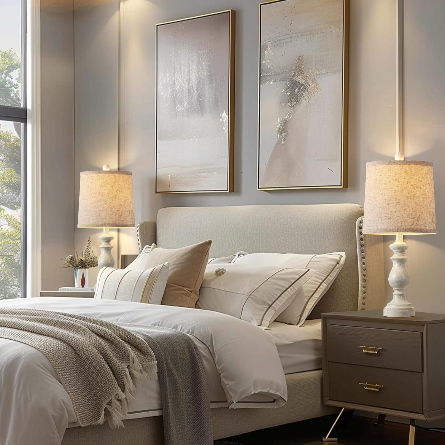 PARTPHONER Traditional Table Lamp Set of 2, Rustic Farmhouse Table Lamps for Living Room Bedroom, 22" Bedside Desk Lamps Vintage Nightstand Lamps with Linen Shades, Antique Grey