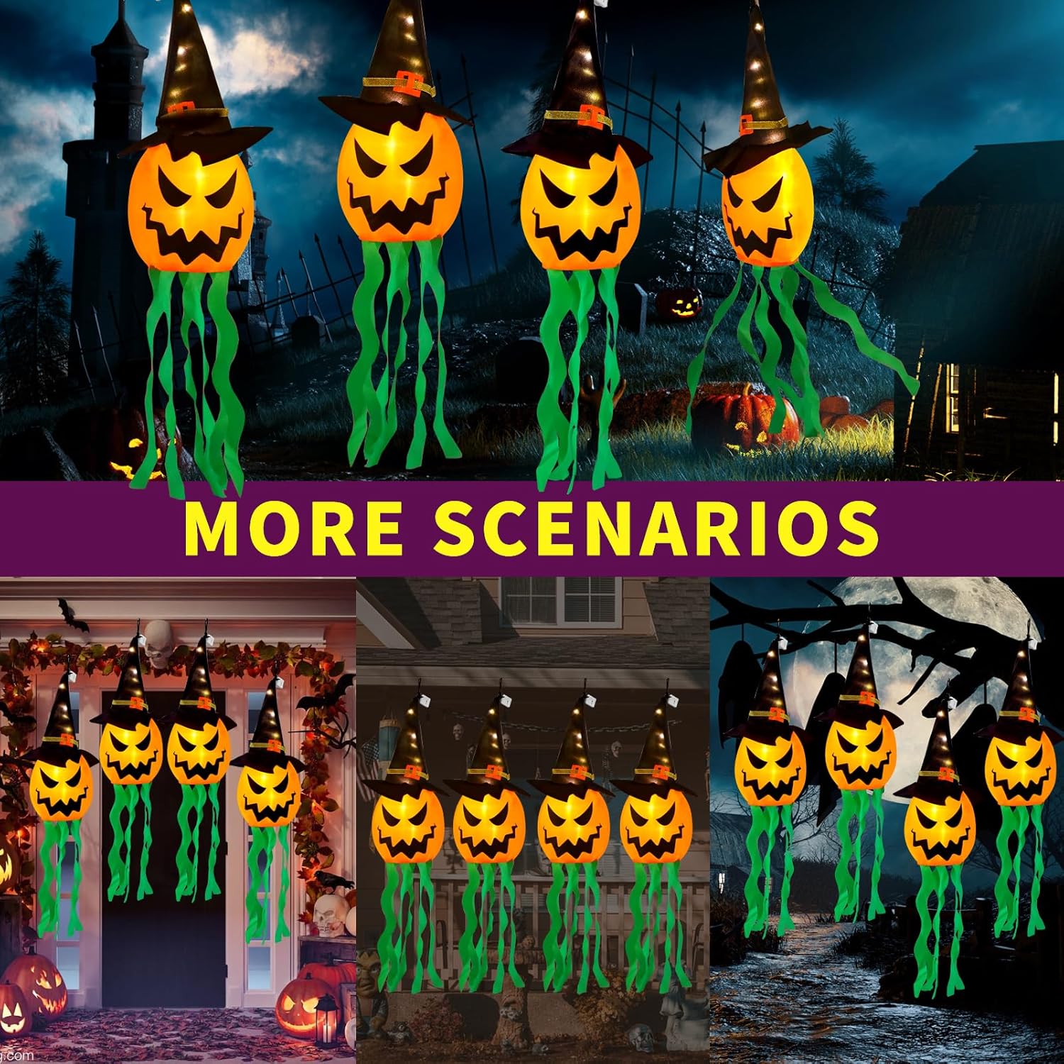 Halloween Decorations Outdoor Halloween Decor Hanging Outdoor String Lights Glowing Ghost Witch Hat Halloween Decorations Indoor Ornaments Halloween Lights for Home Tree Garden Yard (4Pcs)