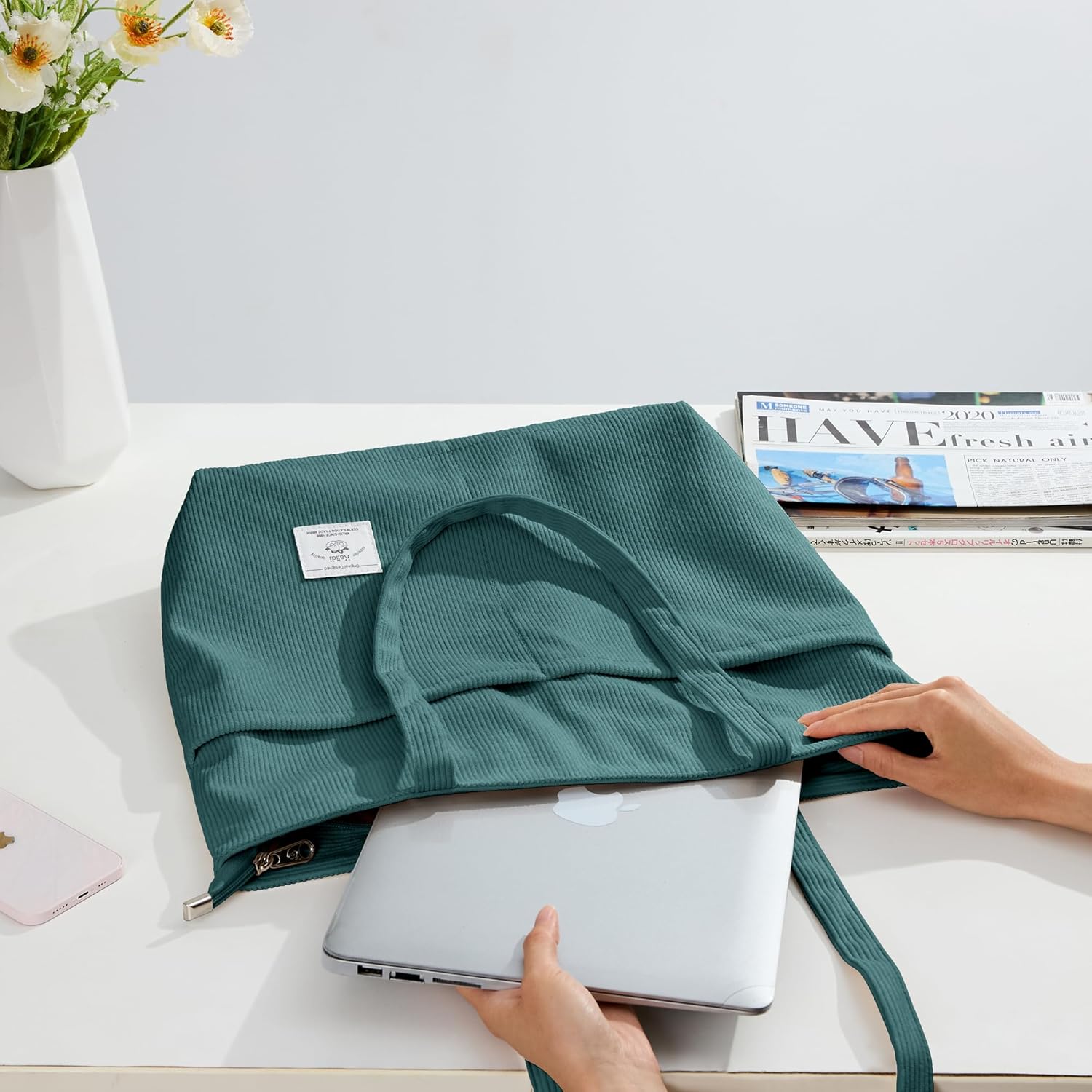 KALIDI Women Corduroy Tote Bag Zipper Casual Tote's Handbag Big Capacity Shoulder Bag with Pockets