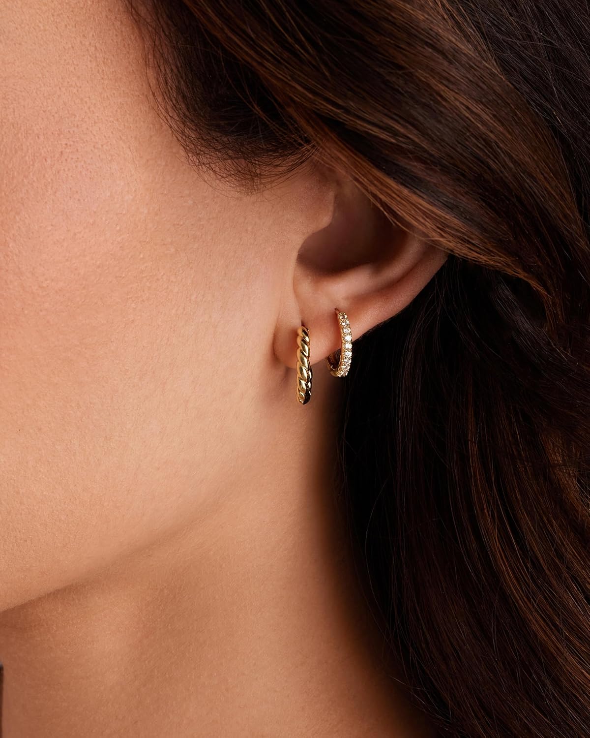 PAVOI 14K-18K Yellow Gold Plated 925 Sterling Silver Posts Three Pairs Small Hoop Earrings for Women - Statement Gold Hoop Earrings Set - Cubic Zirconia Rope Teardrop Chunky Huggie Earscape Piercings