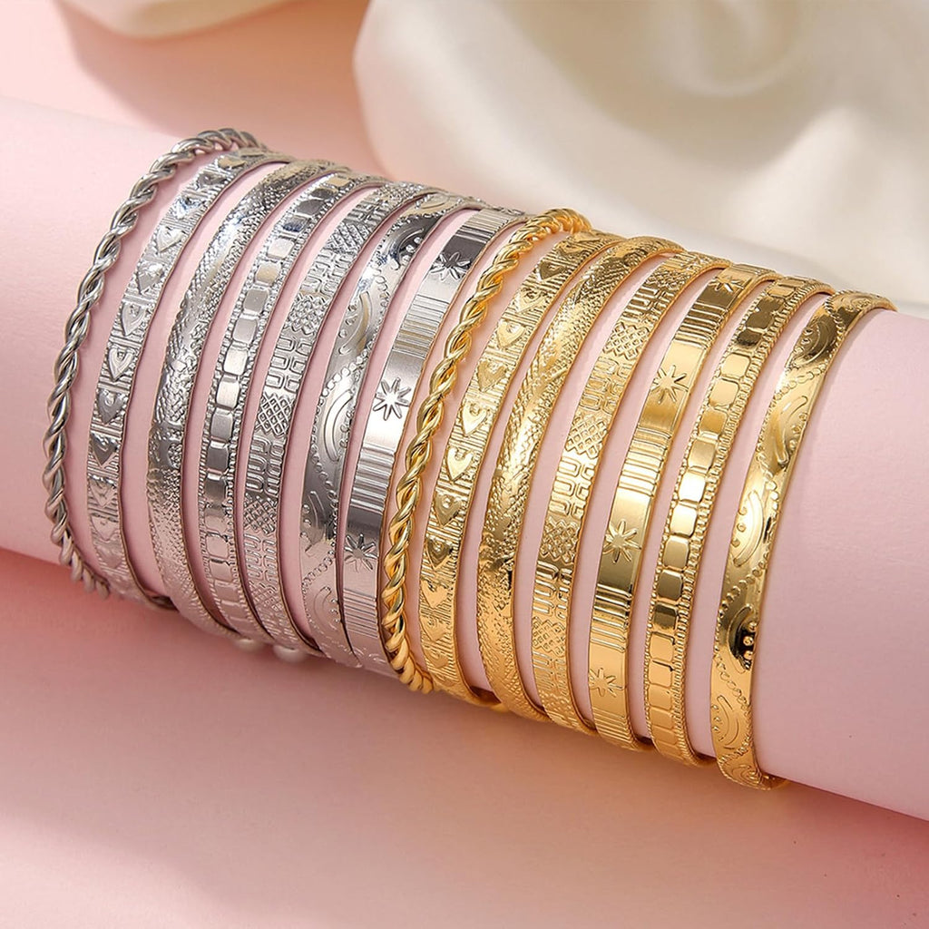 IFKM Gold Bangle Bracelets For Women, 14k Gold Plated Multi Layer Stackable Cuff Bracelet Set, Trendy Elegance Charms Non Tarnish Minimalist Textured Boho Jewelry Gift for Women