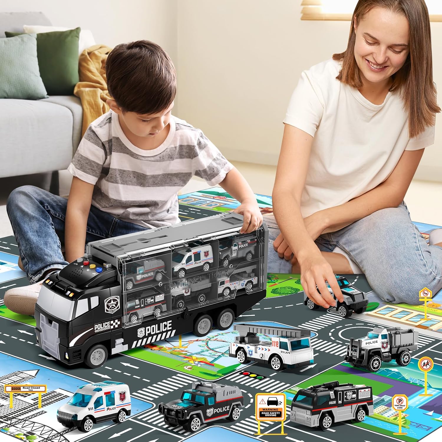 Toddler Boys Construction Truck Vehicle Toy Set with Play Mat and Die-Cast Toy Car, Transport Carrier Truck for Kids 3-5, Birthday Gifts Toys for 3-8 Year Old Boys