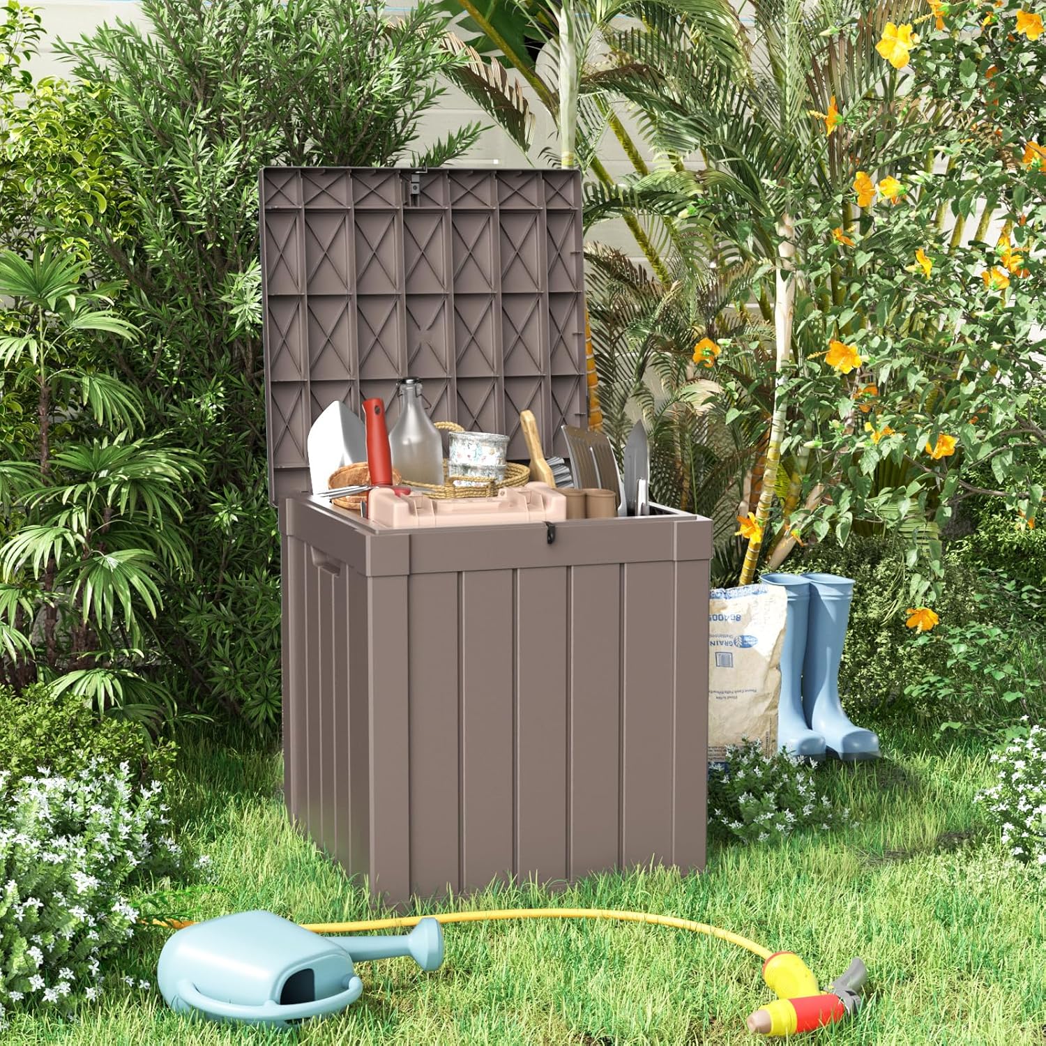 80 Gallon Resin Deck Box, Lockable Patio Outdoor Storage Box for Furniture, Garden Tools and Tools Storage, Waterproof Outside Storage Box - Black