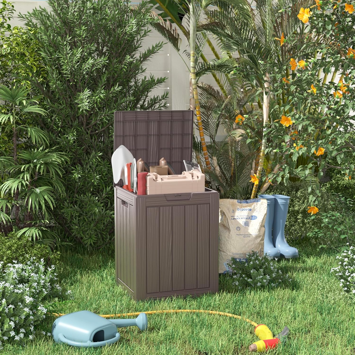 80 Gallon Resin Deck Box, Lockable Patio Outdoor Storage Box for Furniture, Garden Tools and Tools Storage, Waterproof Outside Storage Box - Black