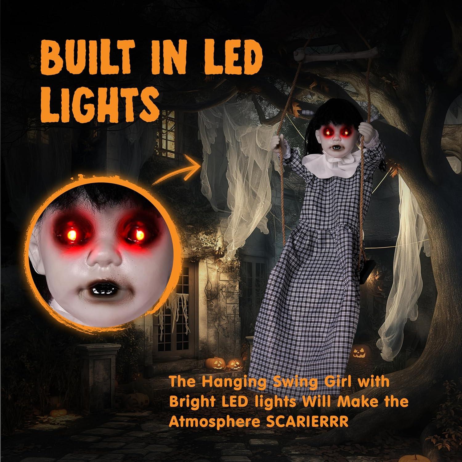 JOYIN Scary Halloween Decorations Outdoor, Halloween Hanging Scary Swing Girl Decorations Winging White Doll with Creepy Sound and Light Up Eyes Sound, Animatronics Hanging Decors Activated