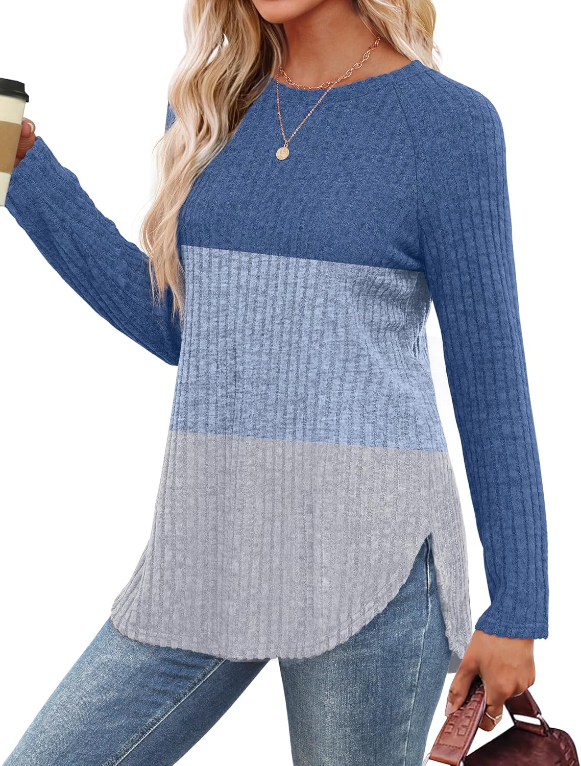 Saloogoe Long Sleeve Shirts for Women 2025 Fall Clothes Tunic Tops Loose Fit Dressy Crewneck Pullover Sweaters Curved Hem