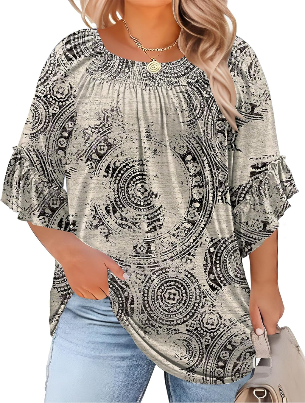 Micoson Womens Plus Size Tops 3/4 Ruffle Sleeve Shirts Crewneck Pleated Blouses Dressy Casual Fashion Tunic Top (1X-5X)