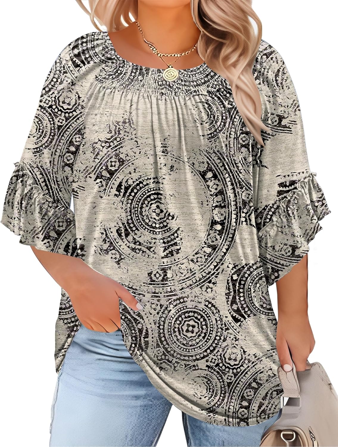 Micoson Womens Plus Size Tops 3/4 Ruffle Sleeve Shirts Crewneck Pleated Blouses Dressy Casual Fashion Tunic Top (1X-5X)