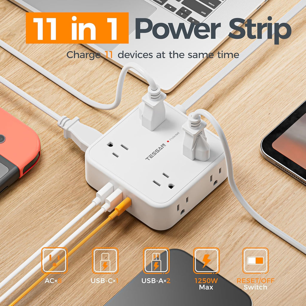 TESSAN Surge Protector Power Strip, 5 Ft Flat Plug Extension Cord with 3 USB (1 USB C) 8 Outlets, 900J Surge Protection, 3 Sided Outlet Extender with Power Switch for Office, Dorm Room Essentials