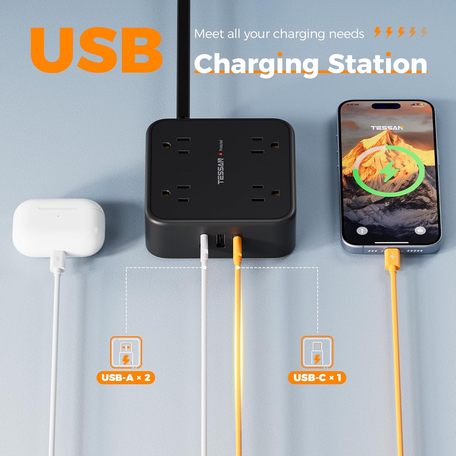 TESSAN Surge Protector Power Strip, 5 Ft Flat Plug Extension Cord with 3 USB (1 USB C) 8 Outlets, 900J Surge Protection, 3 Sided Outlet Extender with Power Switch for Office, Dorm Room Essentials