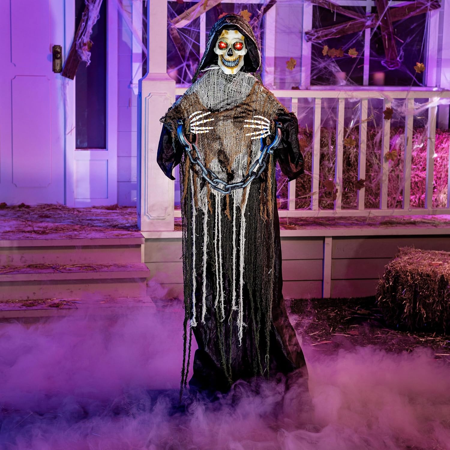 JOYIN 67" Halloween Decorations Outdoor Life Size Animatronics Grim Reaper with Chain, Sound-Actived Party Decor with Creepy Sound, Scary Haunted House Props for Garden Yard Lawn