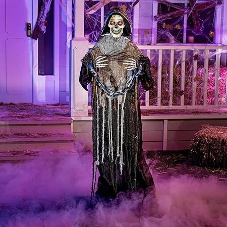 JOYIN 67" Halloween Decorations Outdoor Life Size Animatronics Grim Reaper with Chain, Sound-Actived Party Decor with Creepy Sound, Scary Haunted House Props for Garden Yard Lawn