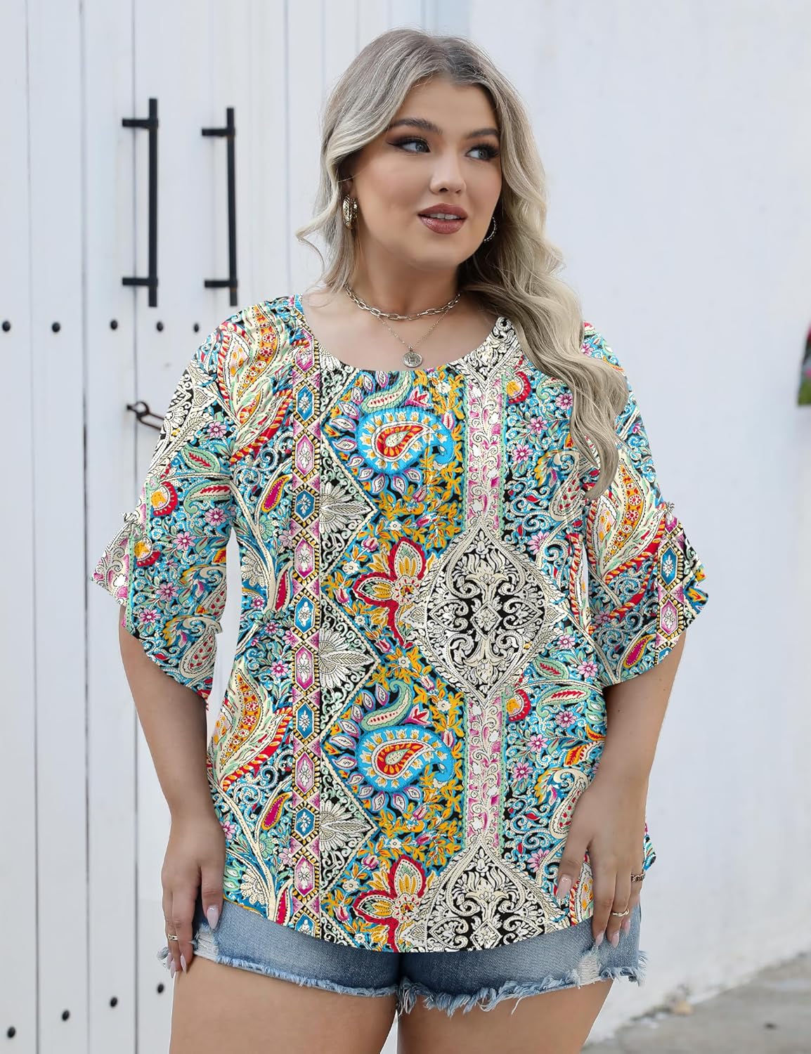 Micoson Womens Plus Size Tops 3/4 Ruffle Sleeve Shirts Crewneck Pleated Blouses Dressy Casual Fashion Tunic Top (1X-5X)