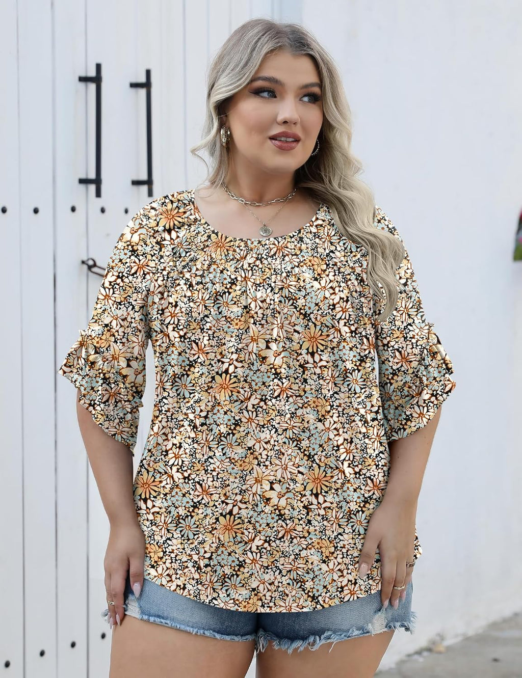 Micoson Womens Plus Size Tops 3/4 Ruffle Sleeve Shirts Crewneck Pleated Blouses Dressy Casual Fashion Tunic Top (1X-5X)