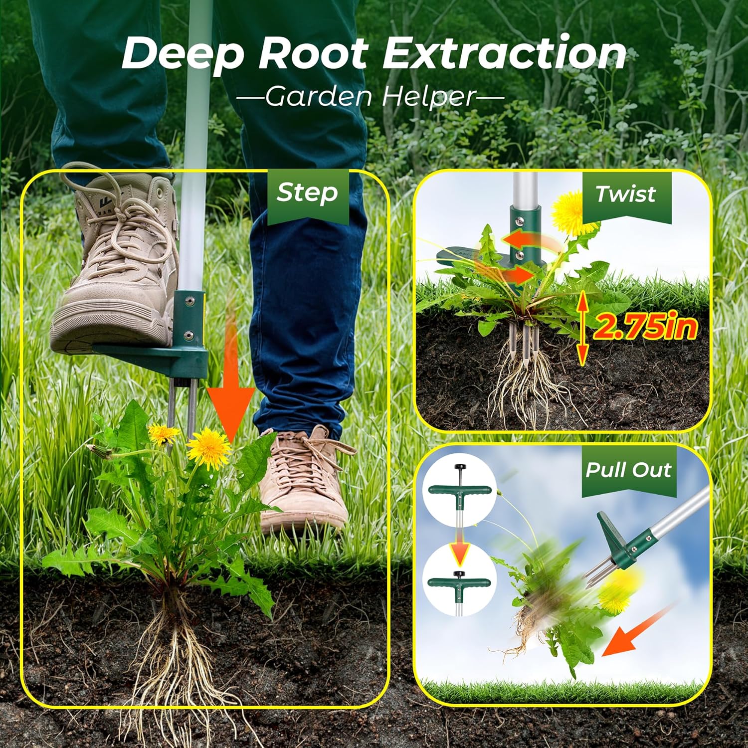 Walensee Weed Puller, Stand Up Weeder Hand Tool, Long Handle Garden Weeding Tool with 3 Claws, Hand Weed Hound Weed Puller for Dandelion, Standup Weed Root Pulling Tool and Picker, Grabber (1 Pack)