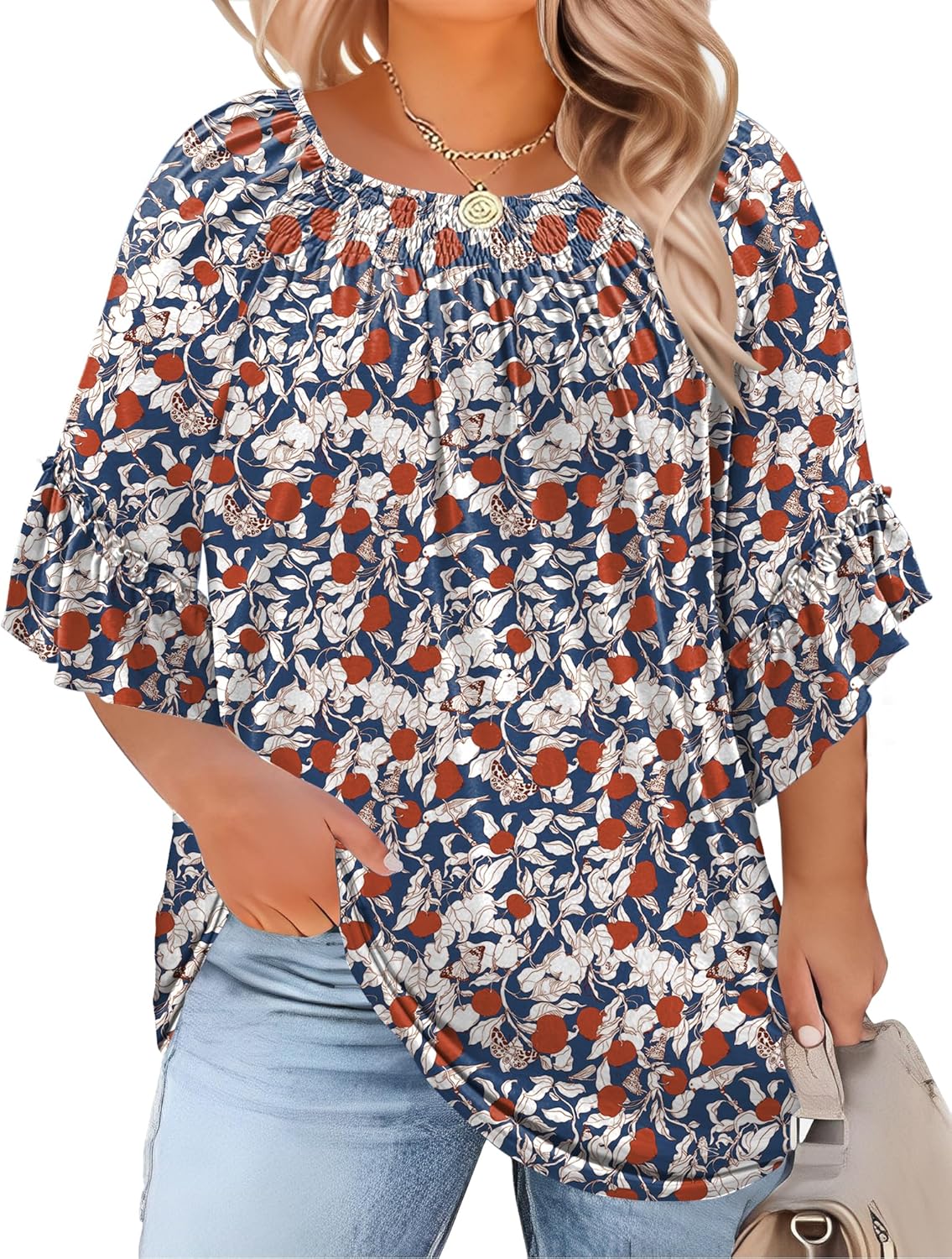 Micoson Womens Plus Size Tops 3/4 Ruffle Sleeve Shirts Crewneck Pleated Blouses Dressy Casual Fashion Tunic Top (1X-5X)