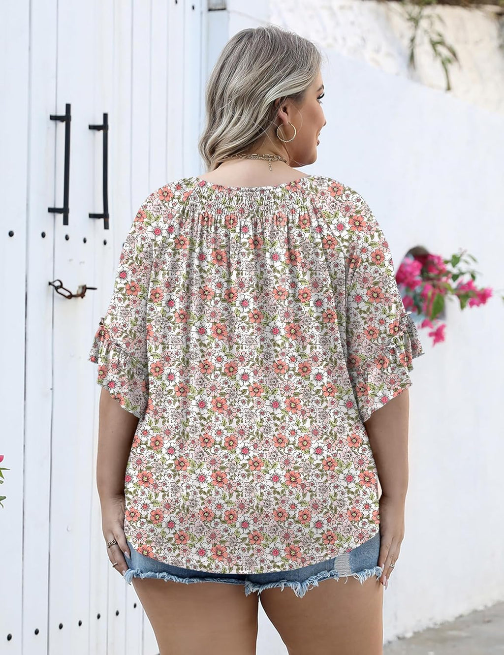 Micoson Womens Plus Size Tops 3/4 Ruffle Sleeve Shirts Crewneck Pleated Blouses Dressy Casual Fashion Tunic Top (1X-5X)