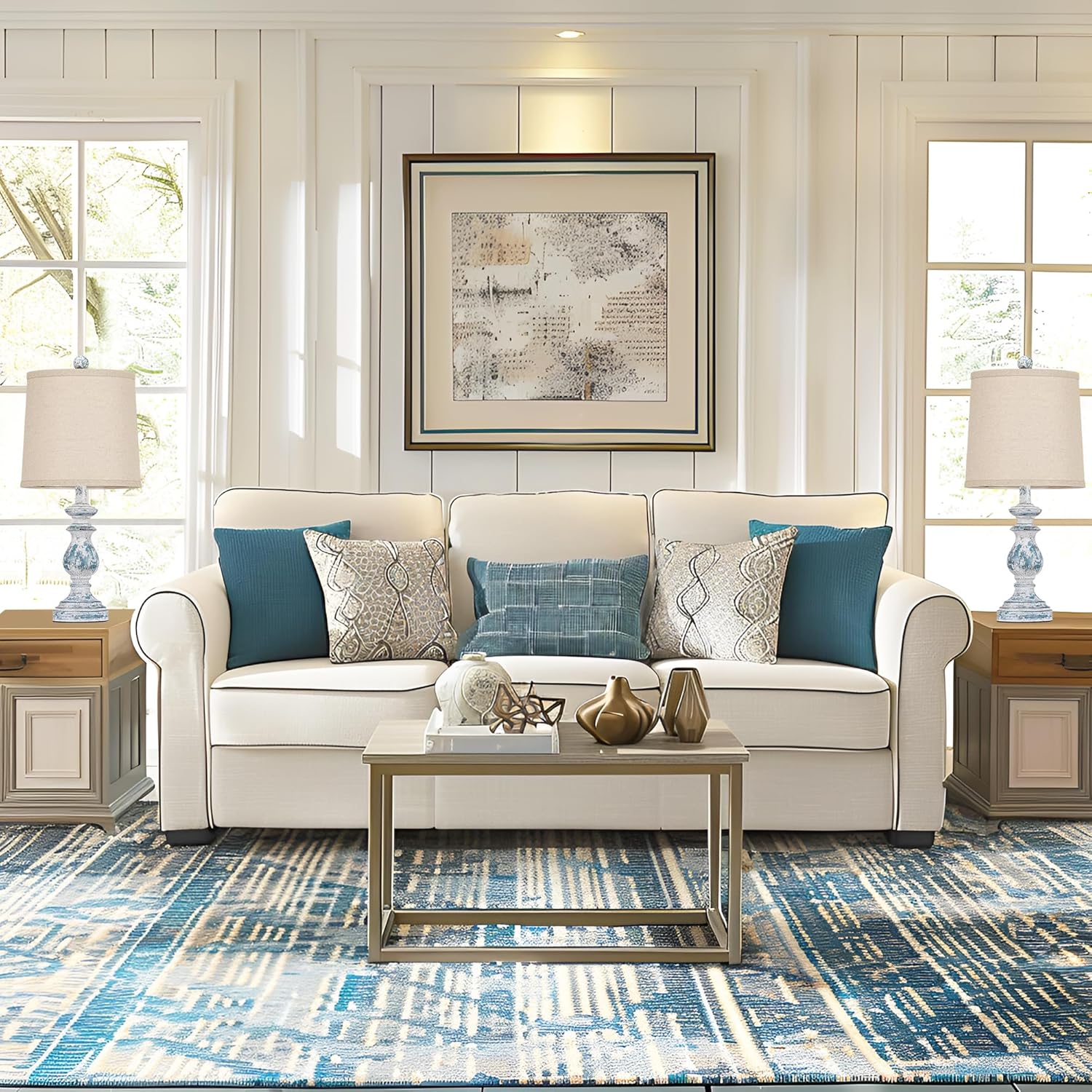 PARTPHONER Traditional Table Lamp Set of 2, Rustic Farmhouse Table Lamps for Living Room Bedroom, 22" Bedside Desk Lamps Vintage Nightstand Lamps with Linen Shades, Antique Grey