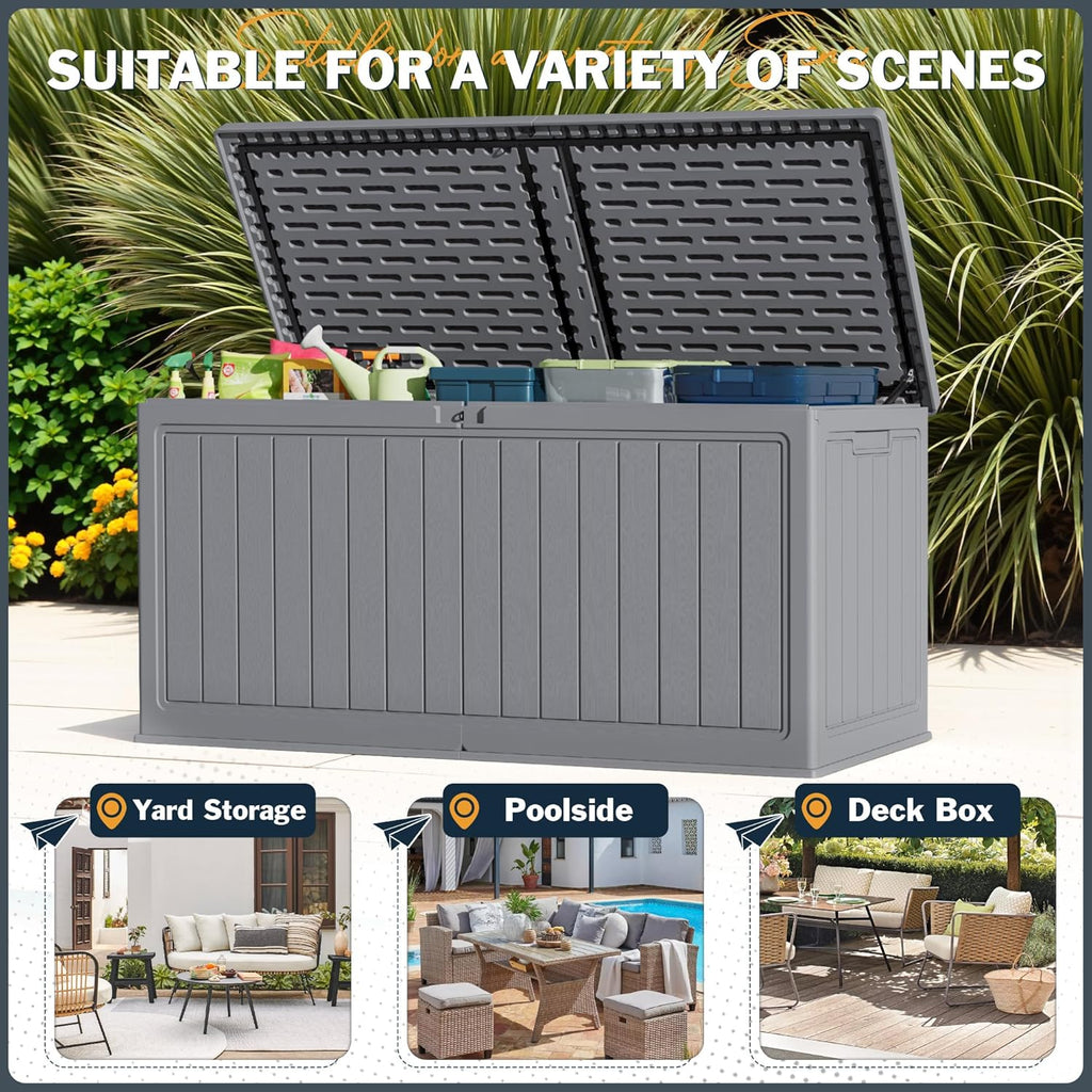 Greesum 31 Gallon Resin Deck Box Large Outdoor Storage for Patio Furniture, Garden Tools, Pool Supplies, Weatherproof and UV Resistant, Lockable, Dark Black