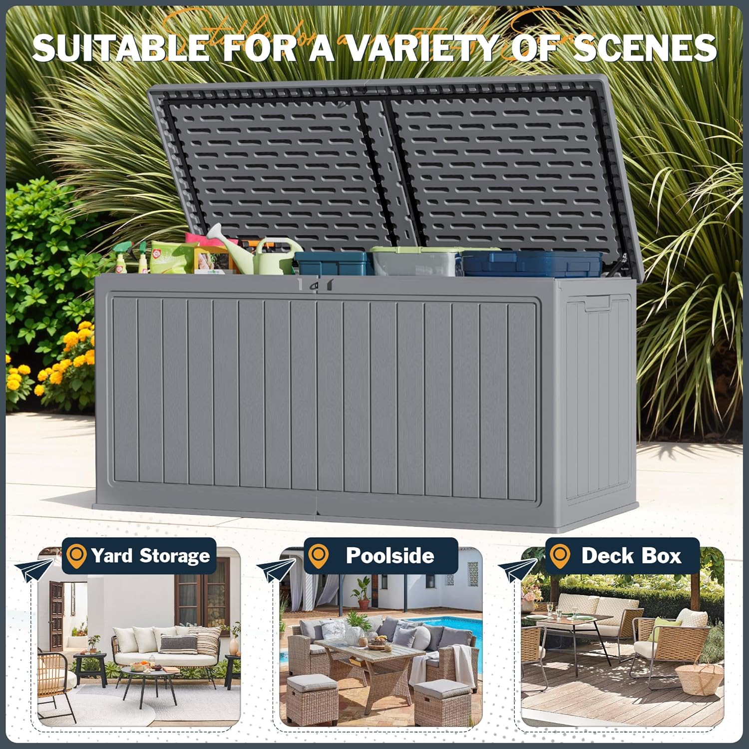 Greesum 31 Gallon Resin Deck Box Large Outdoor Storage for Patio Furniture, Garden Tools, Pool Supplies, Weatherproof and UV Resistant, Lockable, Dark Black